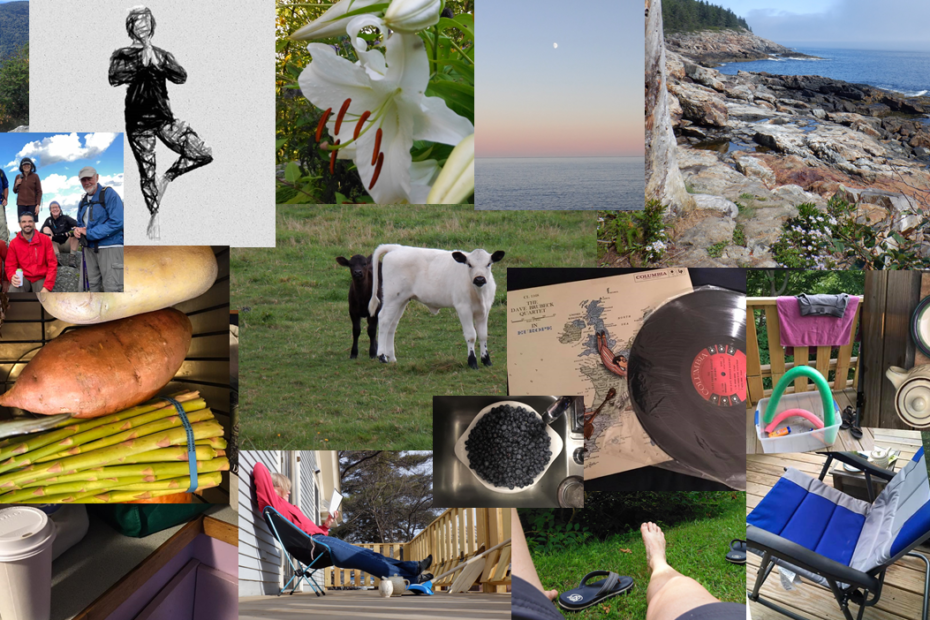 collage contains photos of outdoor activities and scenes, yoga, food, and drinks